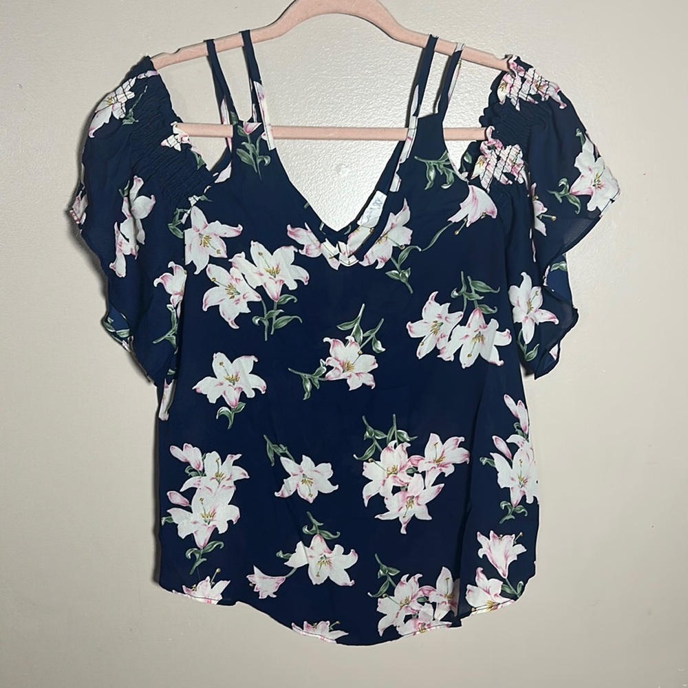 Sienna Sky Navy Floral‎ Cold Shoulder Top | Medium